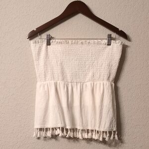 Davi & Dani White Smocked Tassel Tube Top- White-Medium NWT